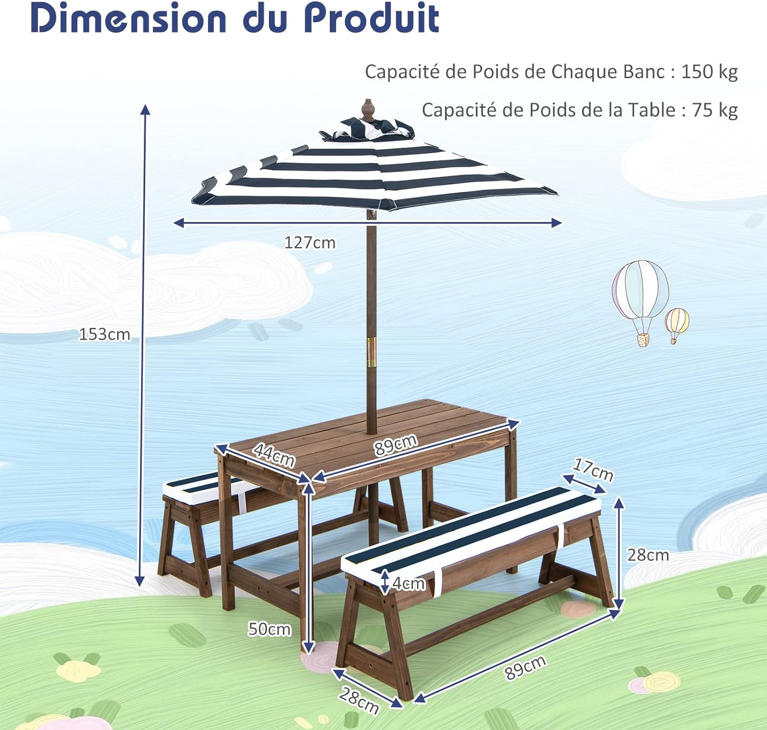 Mesa infantil de exterior, mesa de picnic infantil con sombrilla, mesa y banco de jardín, muebles de madera para 1-4 niños (azul) - 3