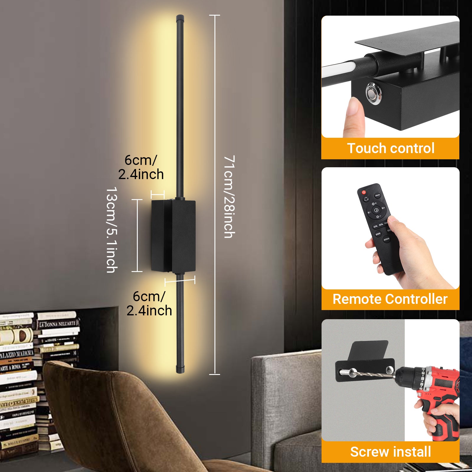 Bezprzewodowa Lampa Ścienna Wnętrz Z Pilotem I Przełącznikiem Dotykowym, 2 Pack 5000mAh LED Lampa Ścienna Ładowana USB 3 barwy światła, Timer 71CM - 6