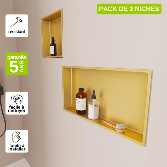 Lot de 2 Niches de Douche 33x33cm & 63x33cm - Rangements muraux de Salle de Bain - Or Satiné - NOOK