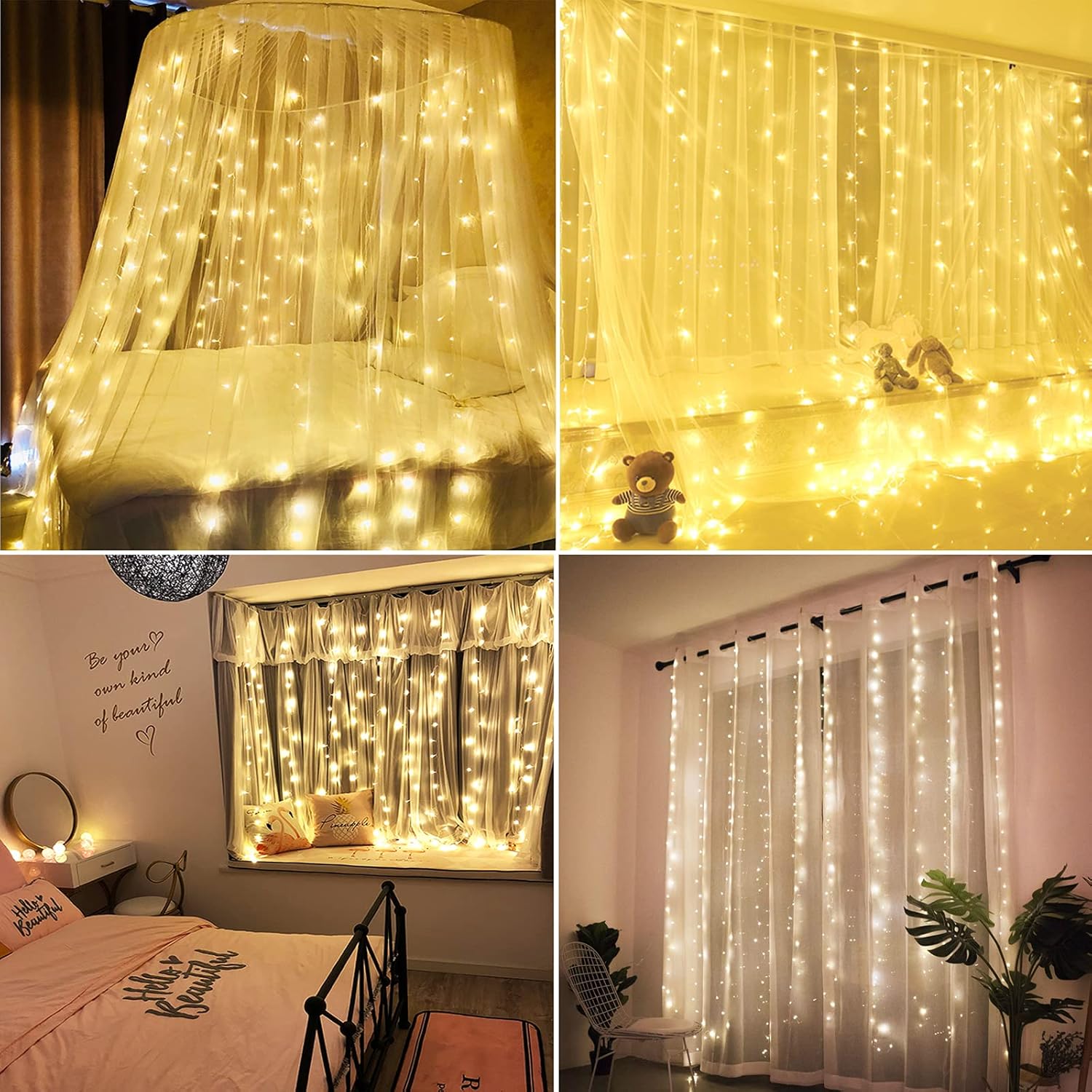 Rideau lumineux 3x3m chaîne lumineuse LED Rideau chaîne lumineuse LED avec 8 modes, 300LEDs, décoration étanche IP44 (blanc chaud) - 4