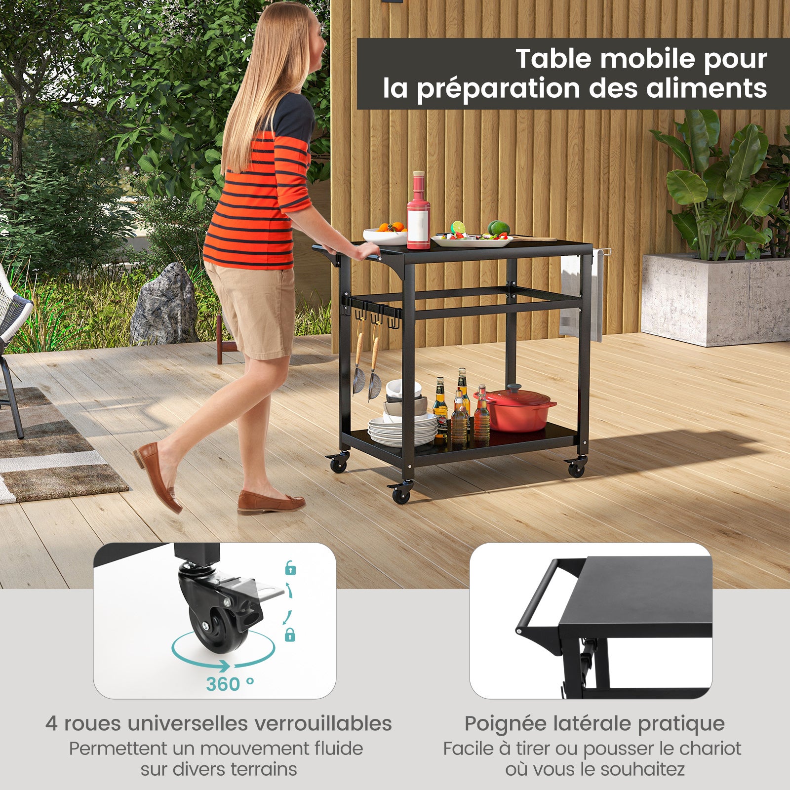 Carrello Barbecue da Esterno in Metallo, Carrello da Cucina Esterno con 2 Ripiano, 4 Ruote Bloccabili, Ganci, Maniglia Laterale, per Girdino, - 7