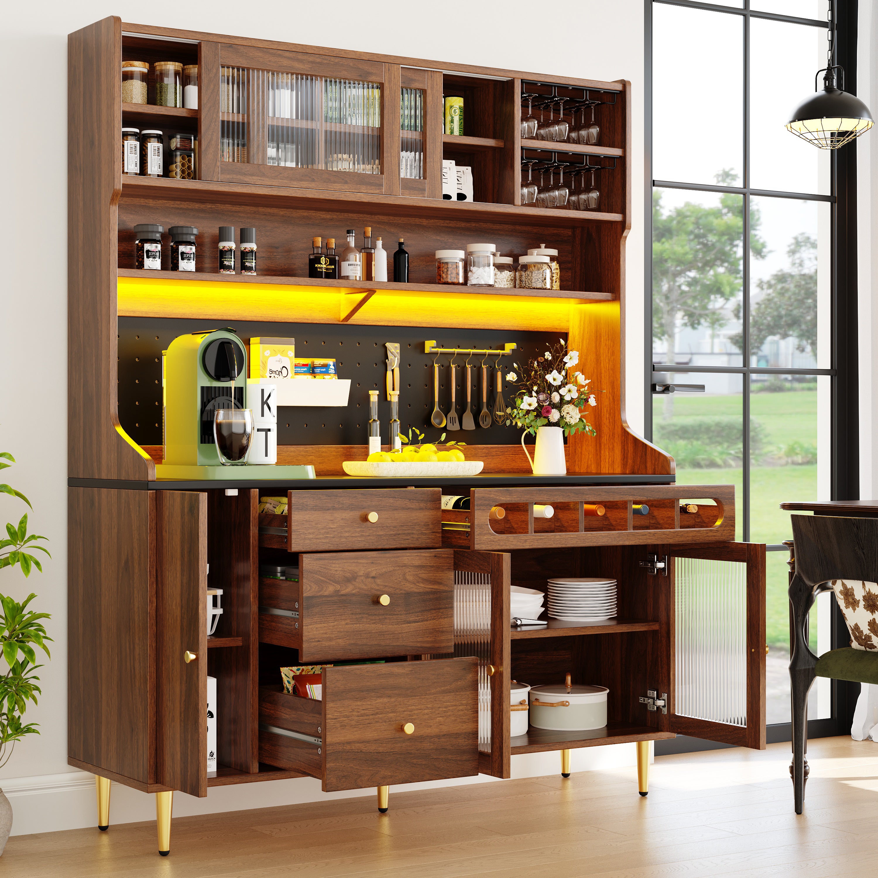 Meuble de cuisine avec étagères réglables145×39×171cm,Buffet de salon avec Lumières LED et casier à vin,3 tiroirs,Convient aux salon et cuisine,Noyer - 3