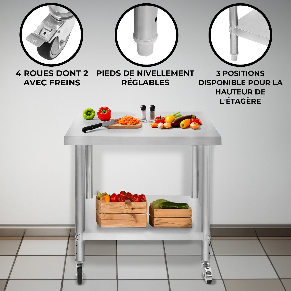Scaffale A 3 Ripiani In Acciaio Inox Per Cucina, 80x80x40 Cm, Capacità 20-30 Kg Per Ripiano, Regolabile, Facile Da Pulire