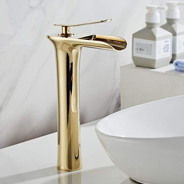 Grifo de baño en cascada, grifo de lavabo, grifo mezclador en cascada, grifo de lavabo en cascada de baño alto, grifo de lavabo de baño dorado, grif