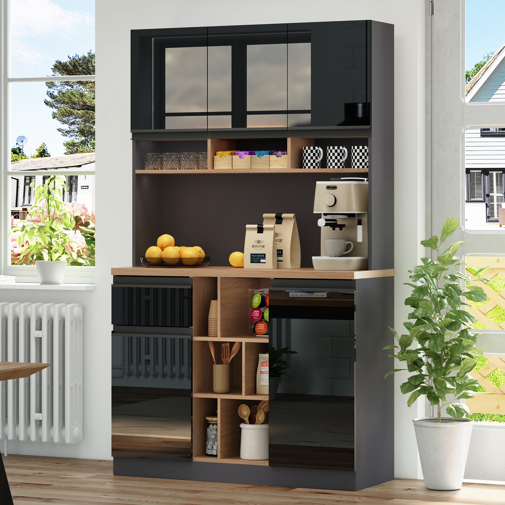 Mueble de cocina moderno gris y negro 105×45×185cm, aparador con cajones, estantes regulables y espacio abierto, herrajes antivuelco.