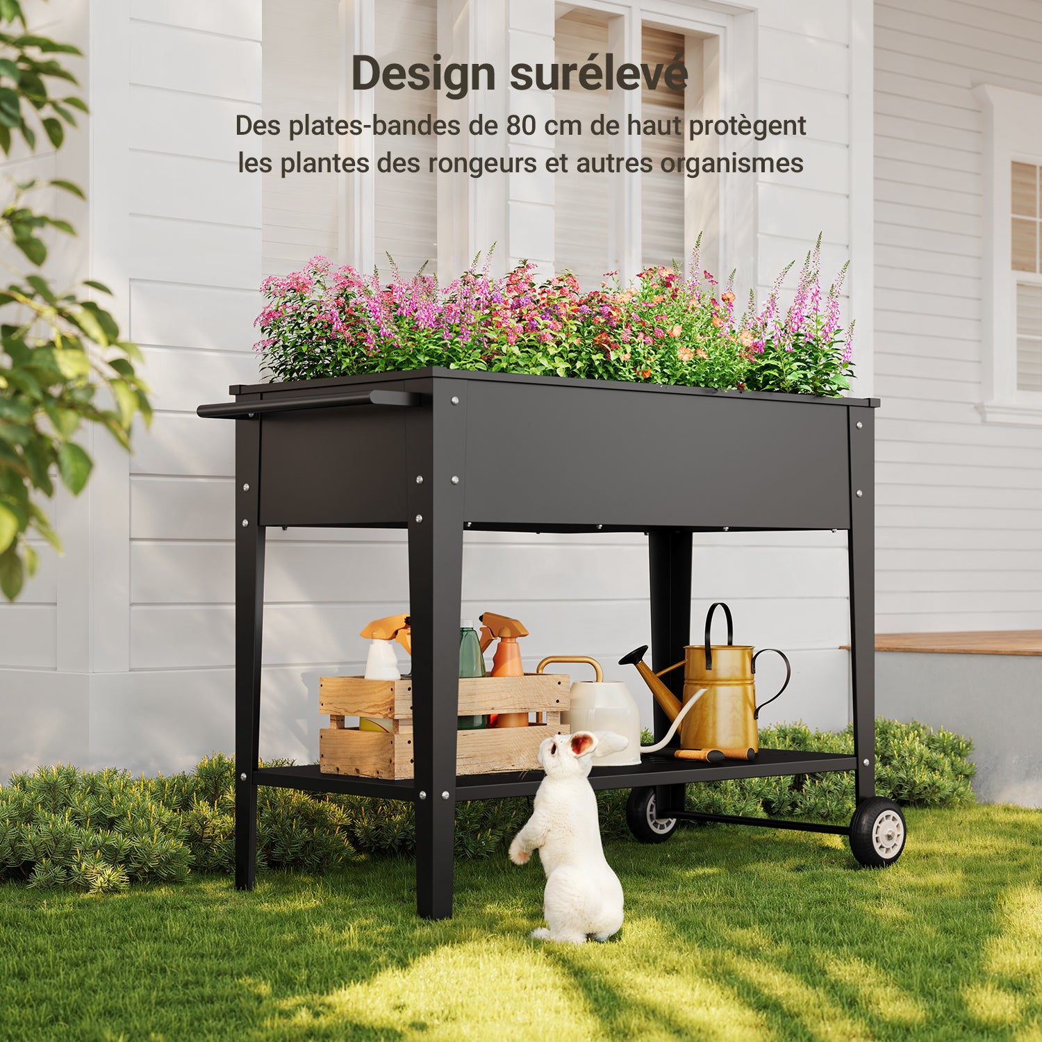 Horta Elevada Bealife Jardinera Elevada 80 cm com 2 Rodas e Prateleira Alça Lateral Orifícios de Drenagem Aço Anti-oxidação Preto - 6