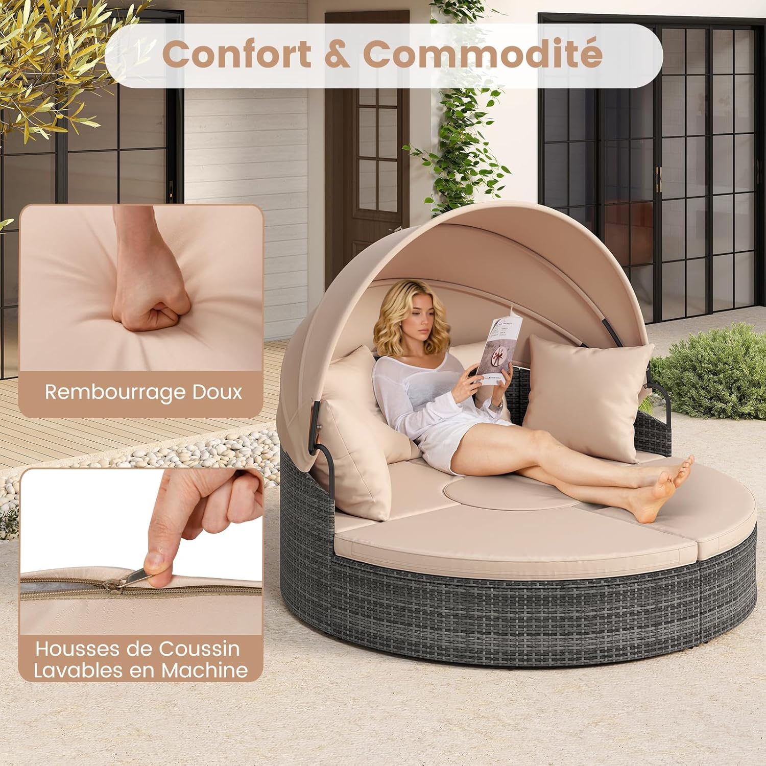 Lit Rond d'Extérieur avec Auvent Rétractable, Canapé d'Extérieur en Sections en Rotin PE avec Coussins, pour Jardin, Piscine, Beige - 4