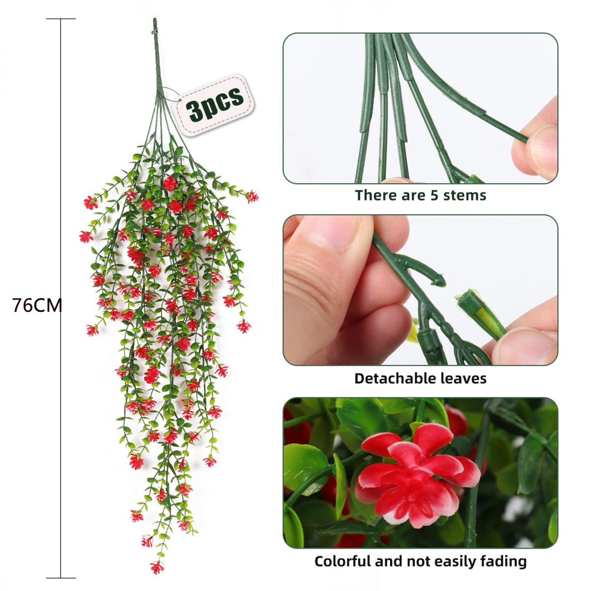 3 piezas de plantas colgantes simuladas, flores colgantes artificiales, vides artificiales para decoración interior de bodas en jardines murales - 2