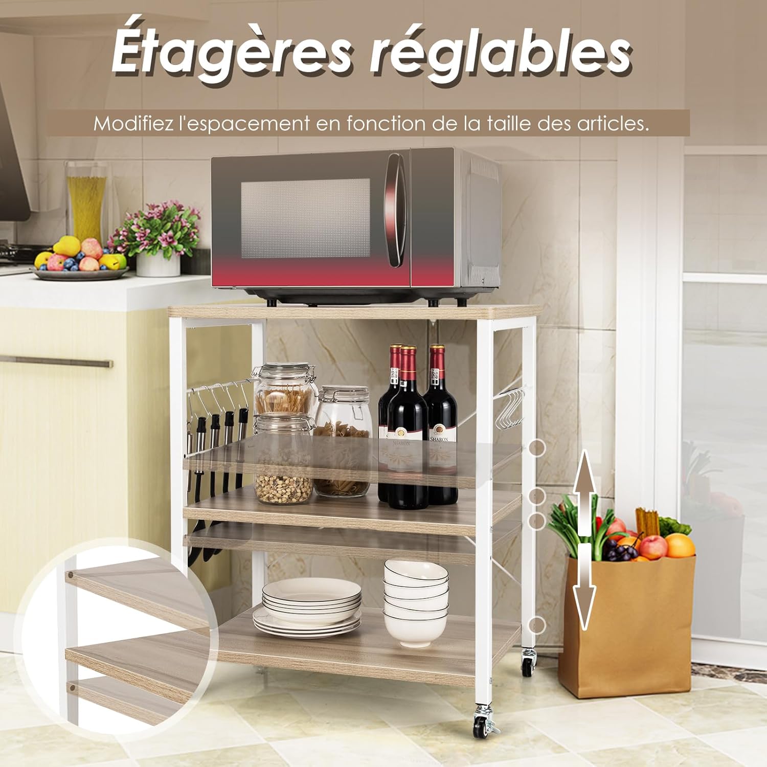 Desserte, Chariot de Service à Roulette, avec 10 Crochets Amovibles, Desserte de Cuisine à 3 Tablettes, Cadre Métallique (Naturel) - 8
