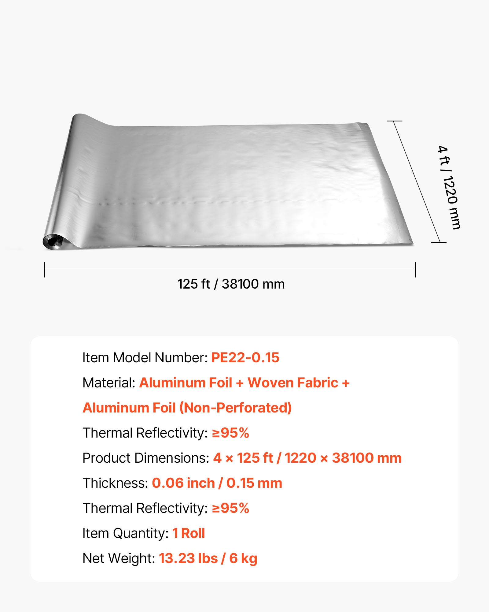Isolant thermique double réfléchissant VEVOR, tissu tissé non perforé + alu double face, 38,1×1,22 m, 0,15 mm, pour porte de garage/fenêtre - 7