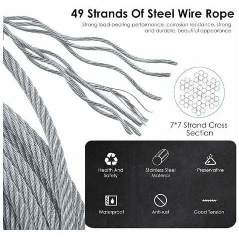 Support pour plantes grimpantes, kit de suspension de corde en acier inoxydable de 12 m avec câble en acier inoxydable de 3 mm et 8 tendeurs - 3