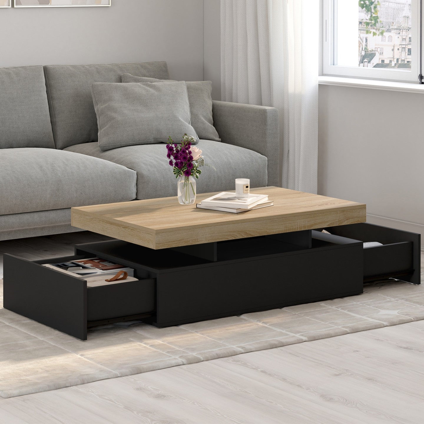 Table basse rectangulaire ELSA 100 cm 2 tiroirs en bois noir et plateau façon hêtre - 2