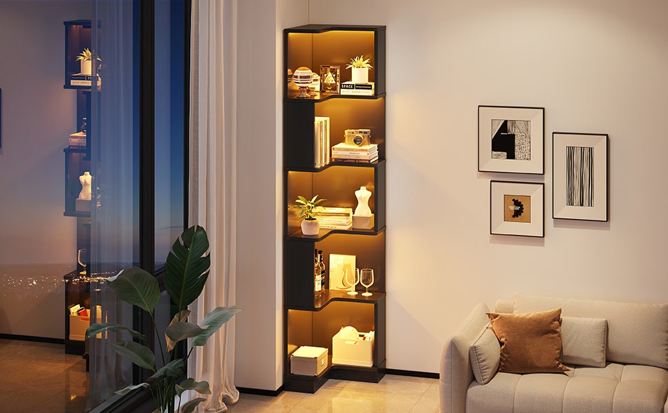 Libreria angolare con 5 ripiani - 63,5 x 45 x 175 cm - MDF - LED cambia colore - Nero - 9