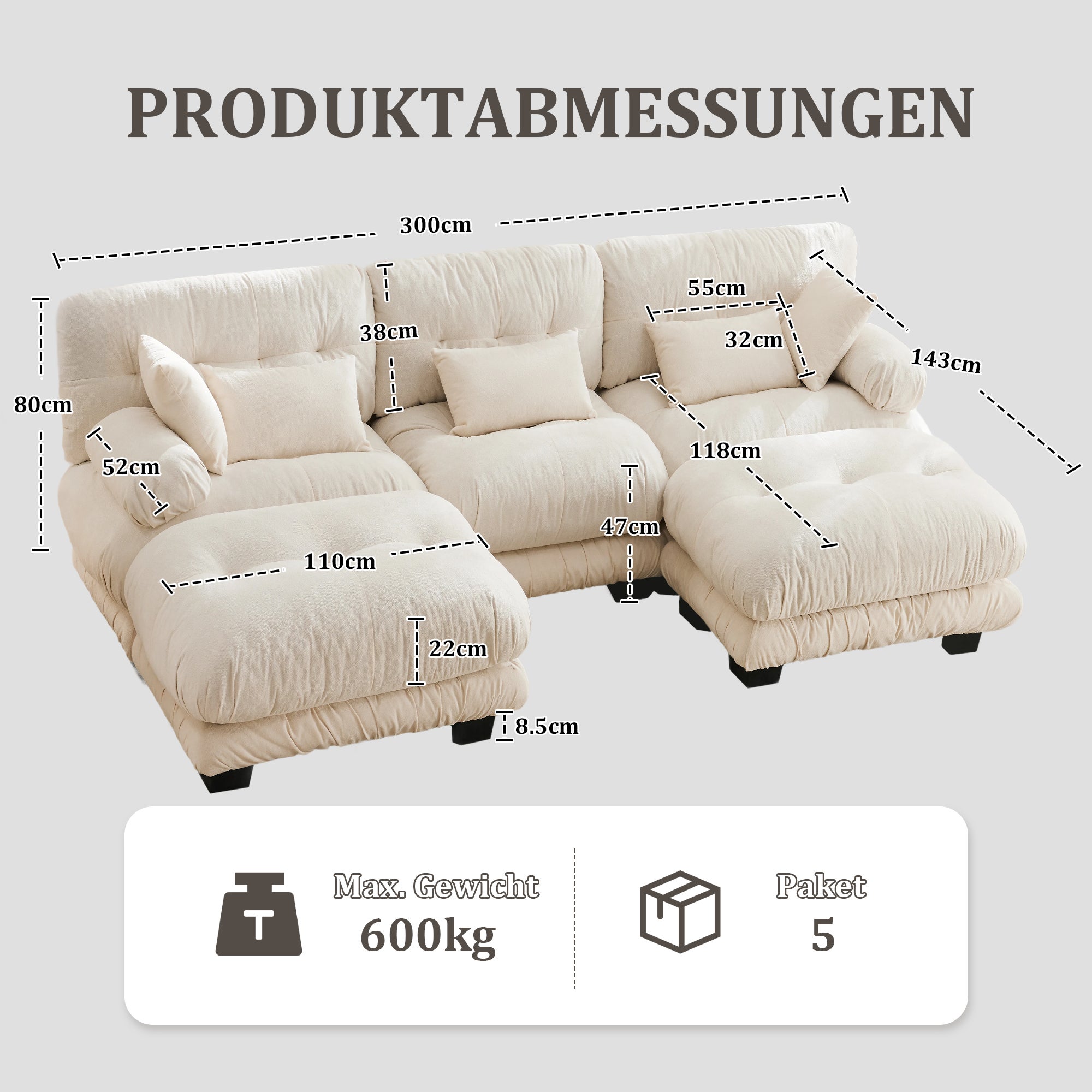 Sofá modular en l 5 plazas con espuma viscoelástica, tapizado en terciopelo suave, diseño ergonómico y estructura robusta