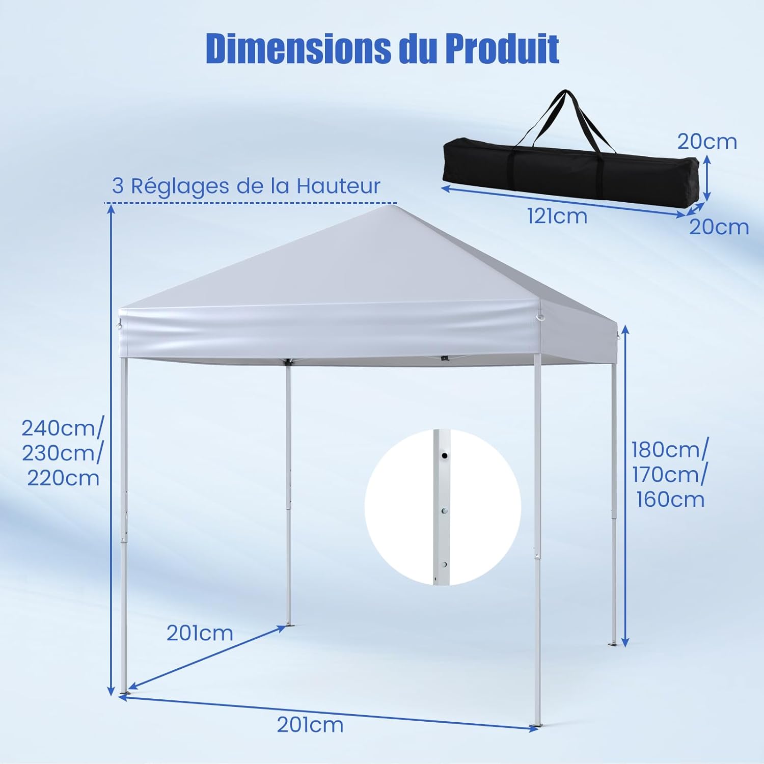 2x2 M Carpa Plegable con Estructura Reforzada, 8 Estacas y 4 Cuerdas de Viento, Toldo Portátil para Playa, Jardín, Bolsa de Transporte (Blanco) - 3