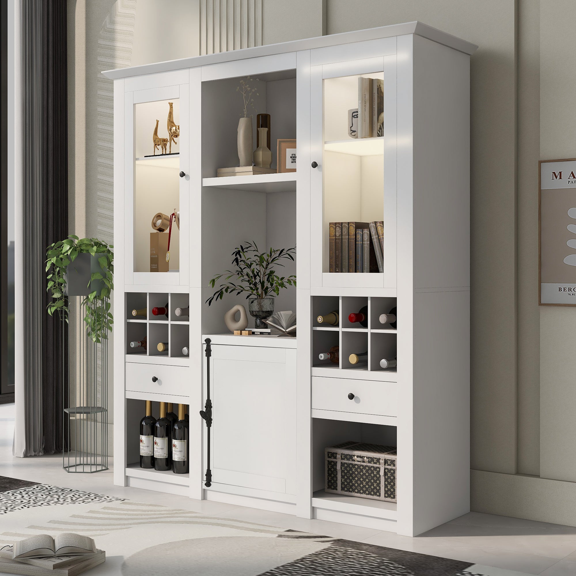 Vitrine blanche métal doré  avec armoire de rangement
