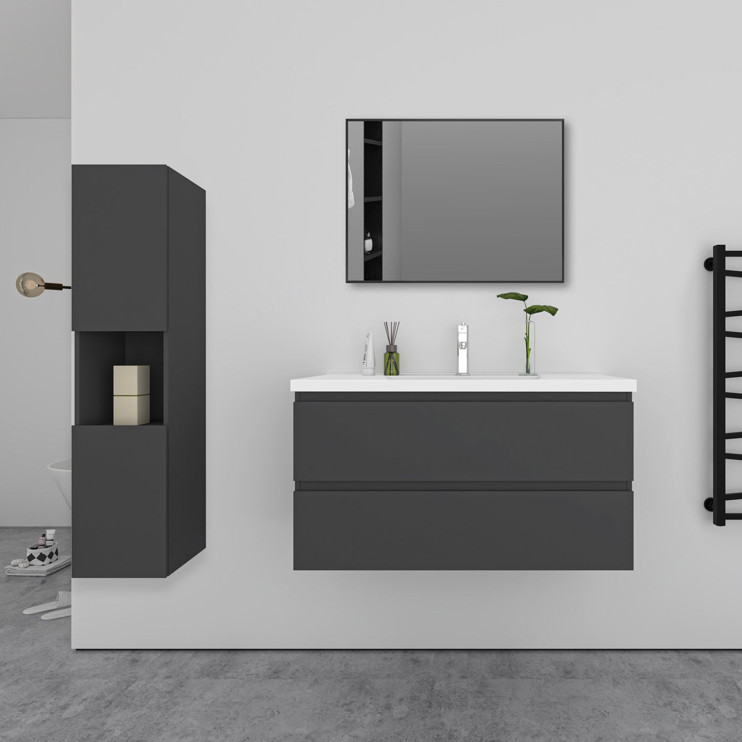 Ensemble meuble Anthracite et vasque L.99cm 2 tiroirs + colonne*1 haut ...