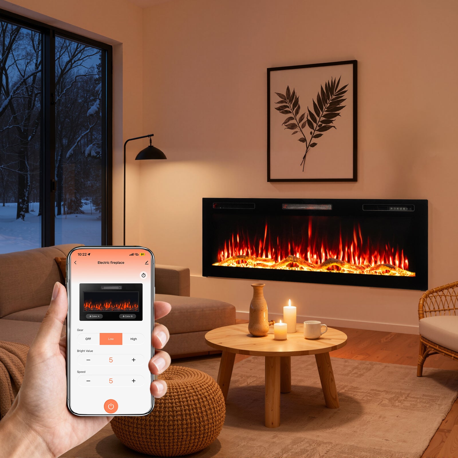 HOMAVO 50" Kominek Elektryczny, 1000/2000W, Sterowanie Aplikacją, 12 Kolorów Płomienia 3D, Wymiary: 127 x 11.3 x 46 cm