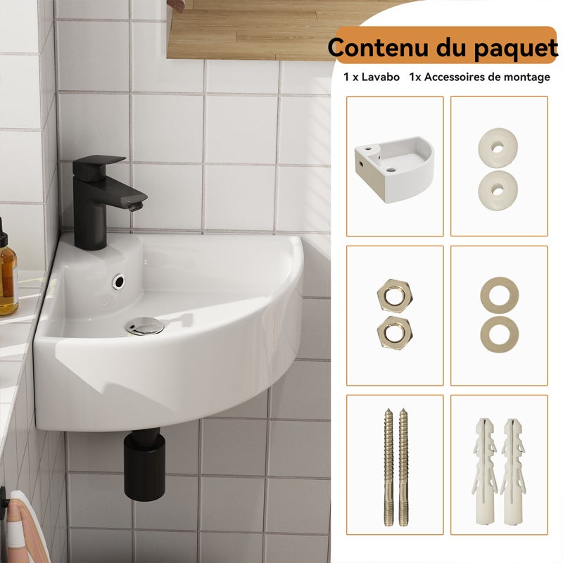 Petit lavabo suspendu en céramique, montage mural avec trou pour robinet, Petit lavabo d'angle à bord fin, 46 x 32.5 cm HOROW - 9