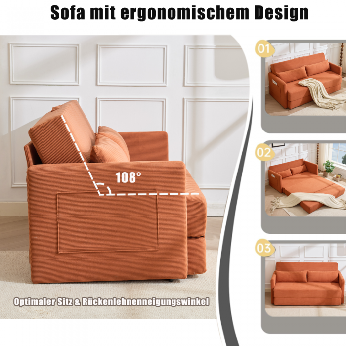 Sofá cama moderno laranja 2 lugares, tecido poliéster, braços quadrados, com almofadas lombares e bolsos, ideal para sala de estar - 2