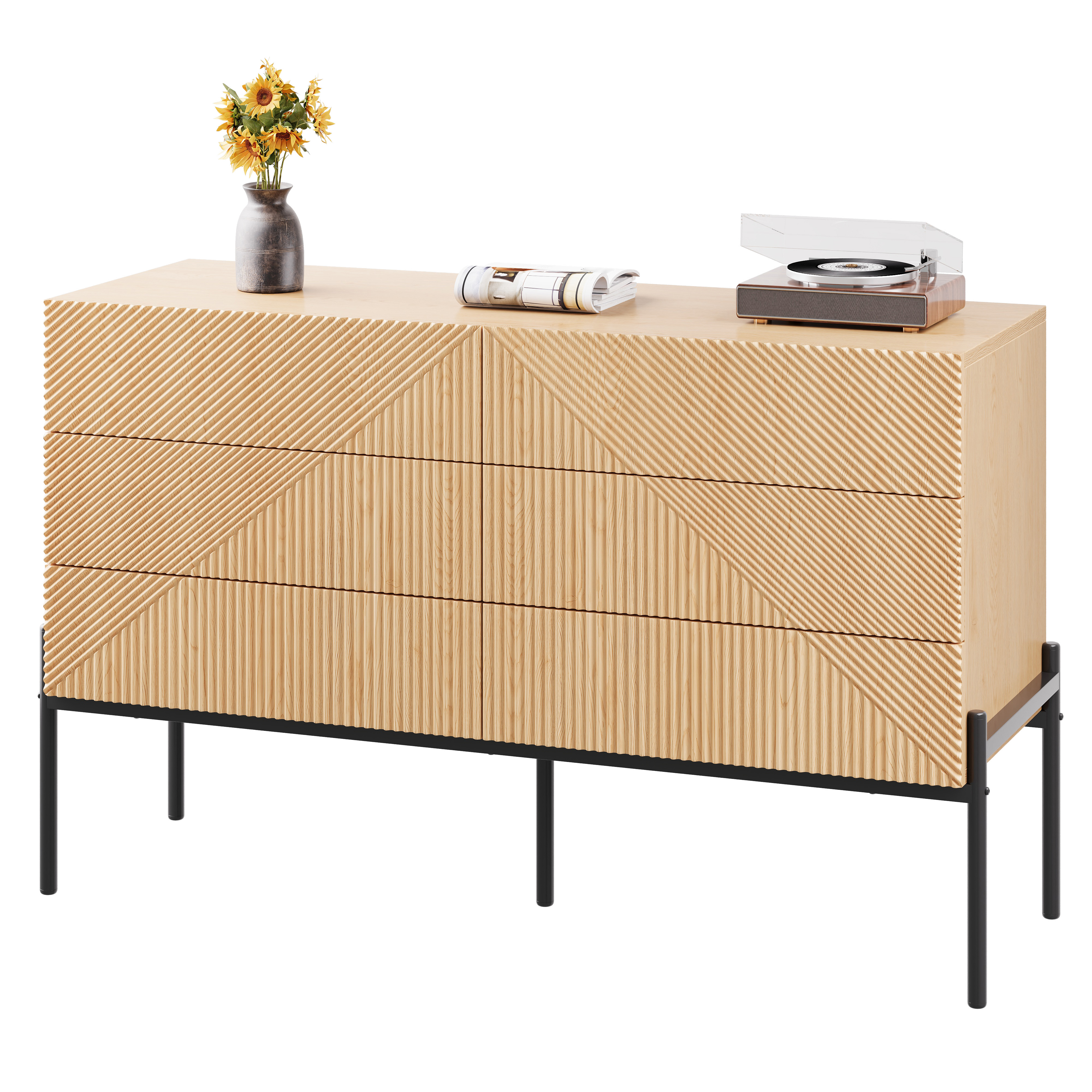 Nowoczesna komoda 115,5 x 38 x 75 cm - Z 6 szufladami - Tekstura 3D - Nogi żelazne - Płyta MDF - Kolor naturalny