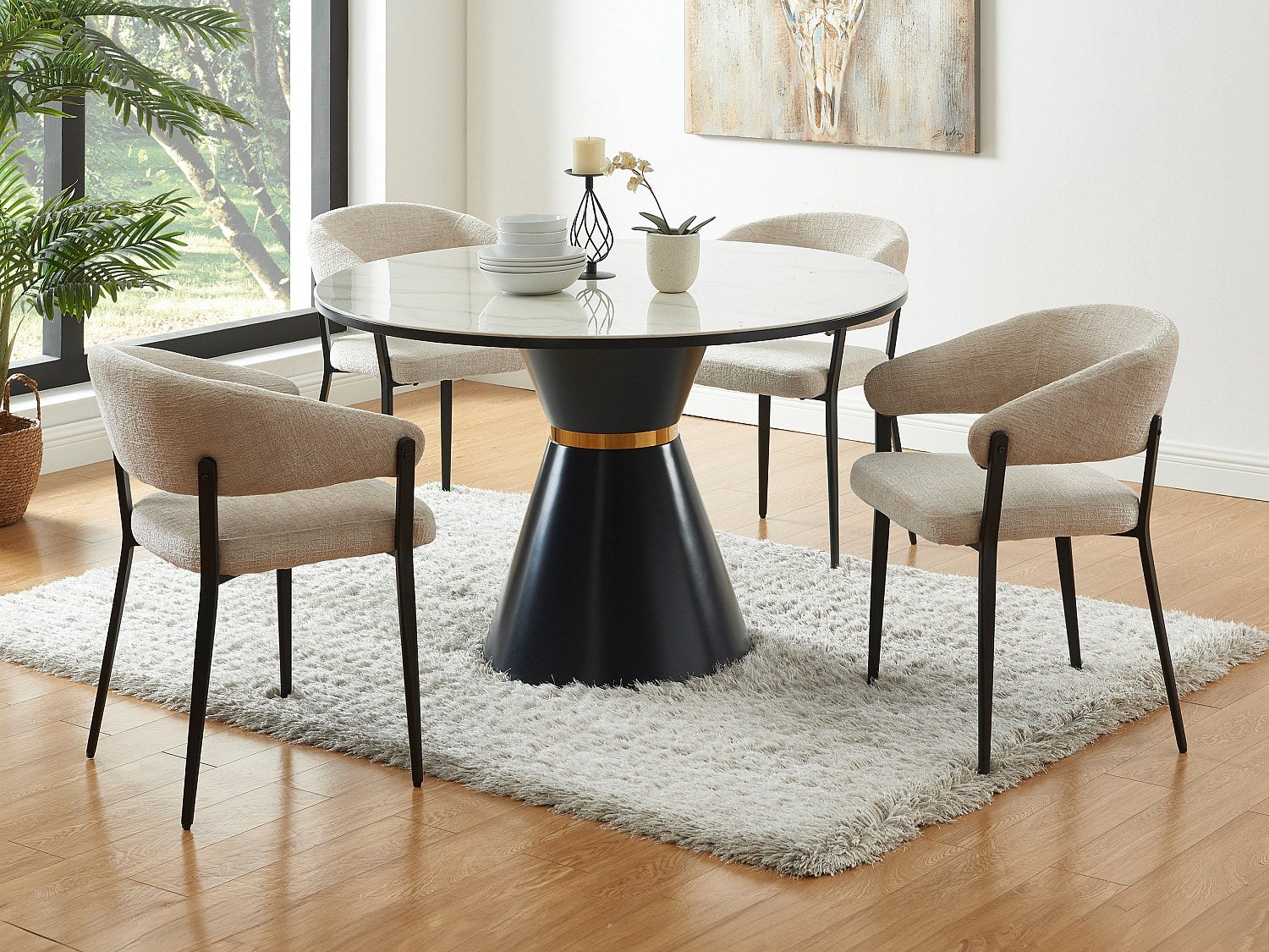 Zestaw 6 krzeseł z podłokietnikami z tkaniny i czarnego metalu - Beżowy - AVRELA