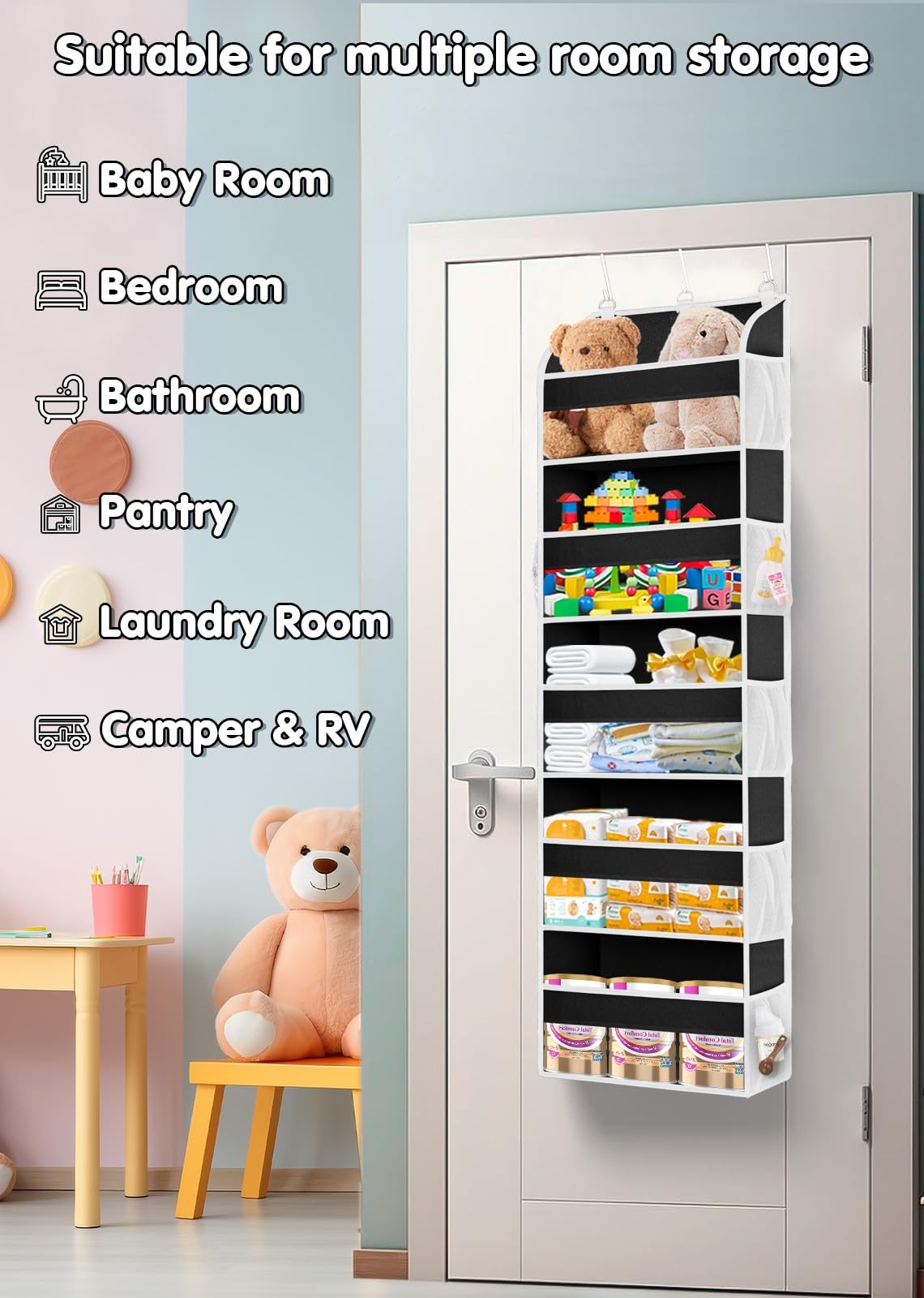 Étagère de rangement suspendue derrière la porte avec 5 poches, organiseur de porte épais en non-tissé,étagère suspendue pour salle de bain,gris clair - 7