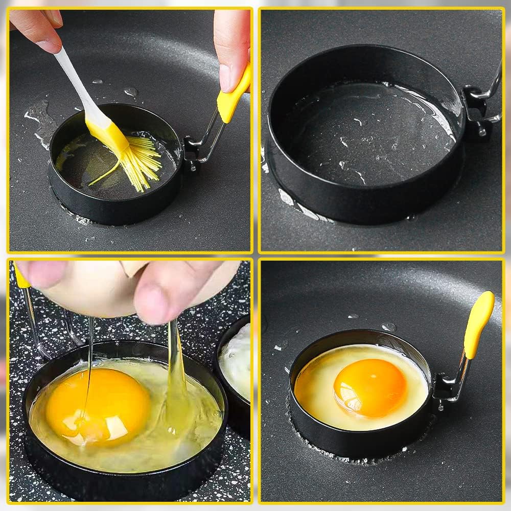 Set di quattro anelli per uova antiaderenti, anelli per uova in acciaio inossidabile con spazzola e coperchio in silicone resistente al calore - 3