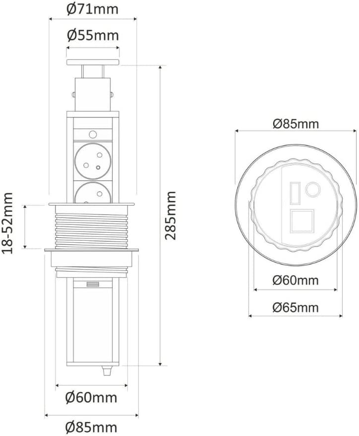 Multiprise Verticale Escamotable avec 3 Prises Schuko, Ouverture Push et Câble 1,8 m. Pour Bureau, Table, Cuisine et Bureau (Couleur Noir) - 6