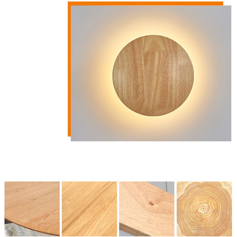 Lampada da parete minimalista in 2 pezzi, lampada da parete a LED retroilluminata con venature del legno rotonde, luce bianca calda, adatta per camere - 5