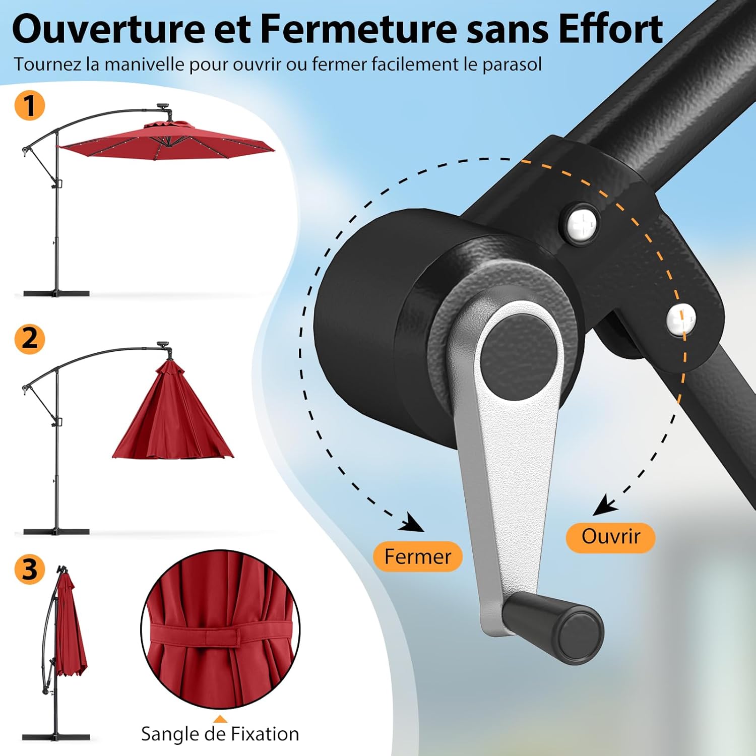 Parasol Déporté 3M avec 32 LED Solaires, Parasol de Jardin 8 Baleines avec Tissu Protection Solaire, Parasol Inclinable Rotatif à 360° (Rouge) - 5