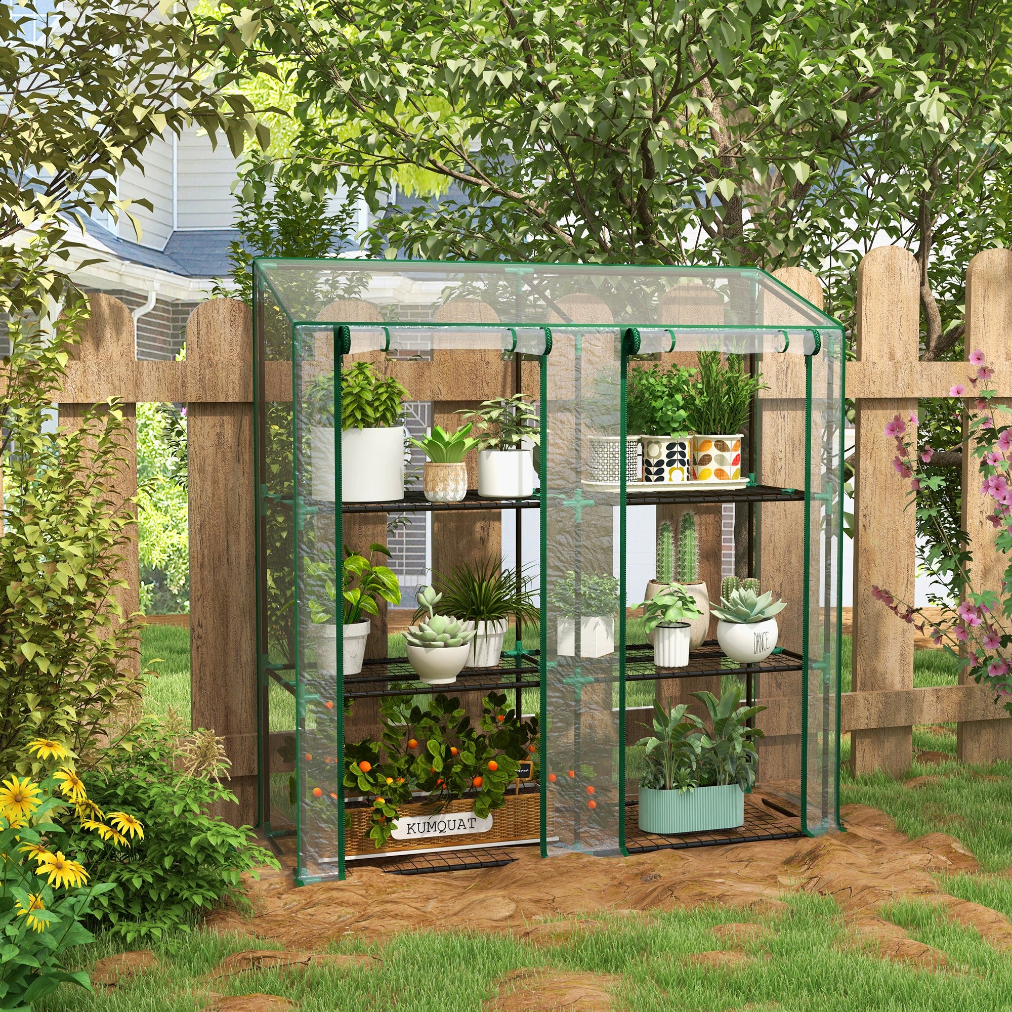 Mini serre de jardin 3 niveaux avec bâche en plastique, 2 portes enroulables, 6 étagères, dim. 143L x 46l x 141/151H cm - 3