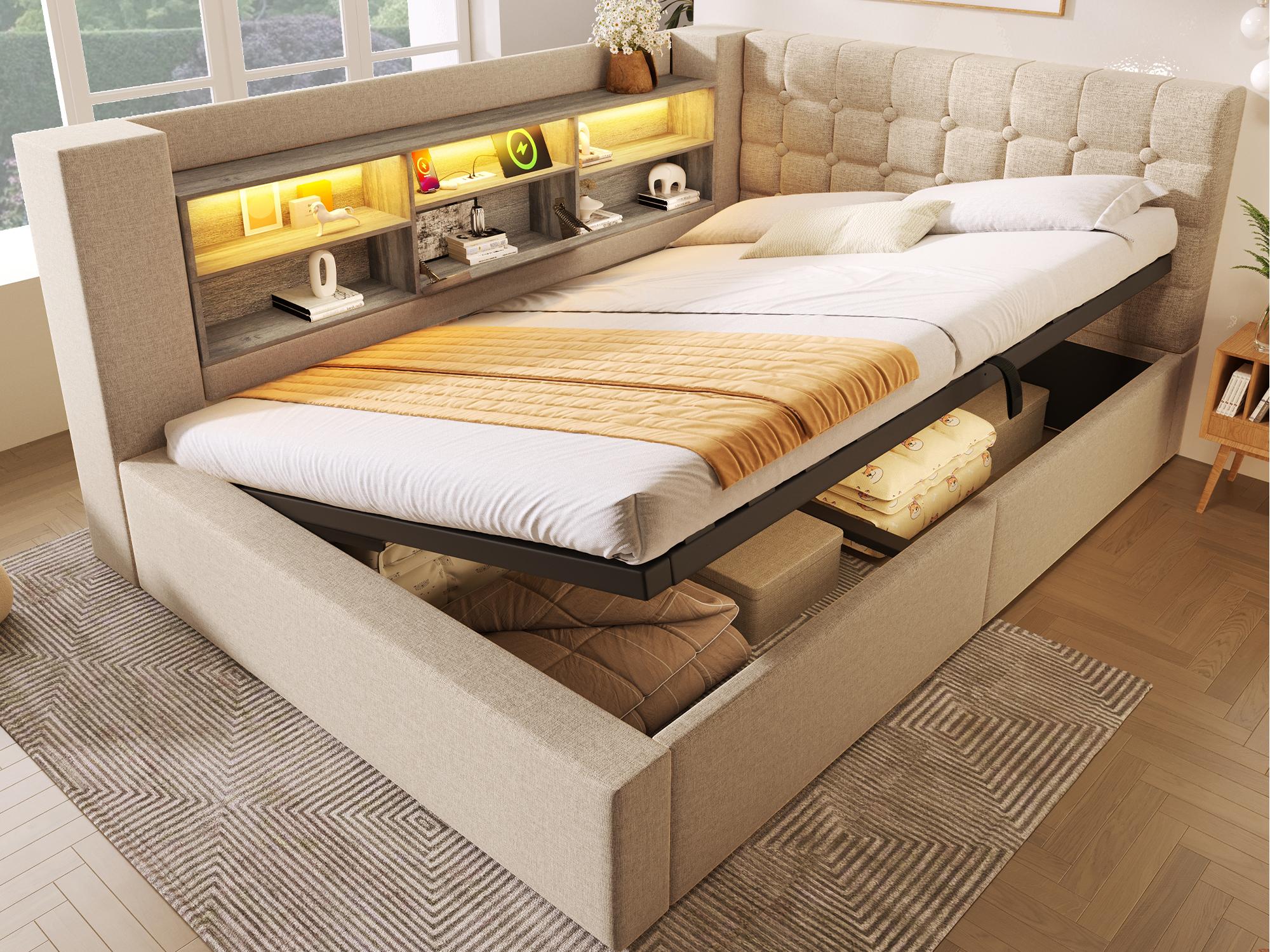 Sofa rozkładana 140x200 cm z pojemnikiem na pościel - z diodami LED i portem ładowania - z podstawą z listew - tkanina lniana - beżowa