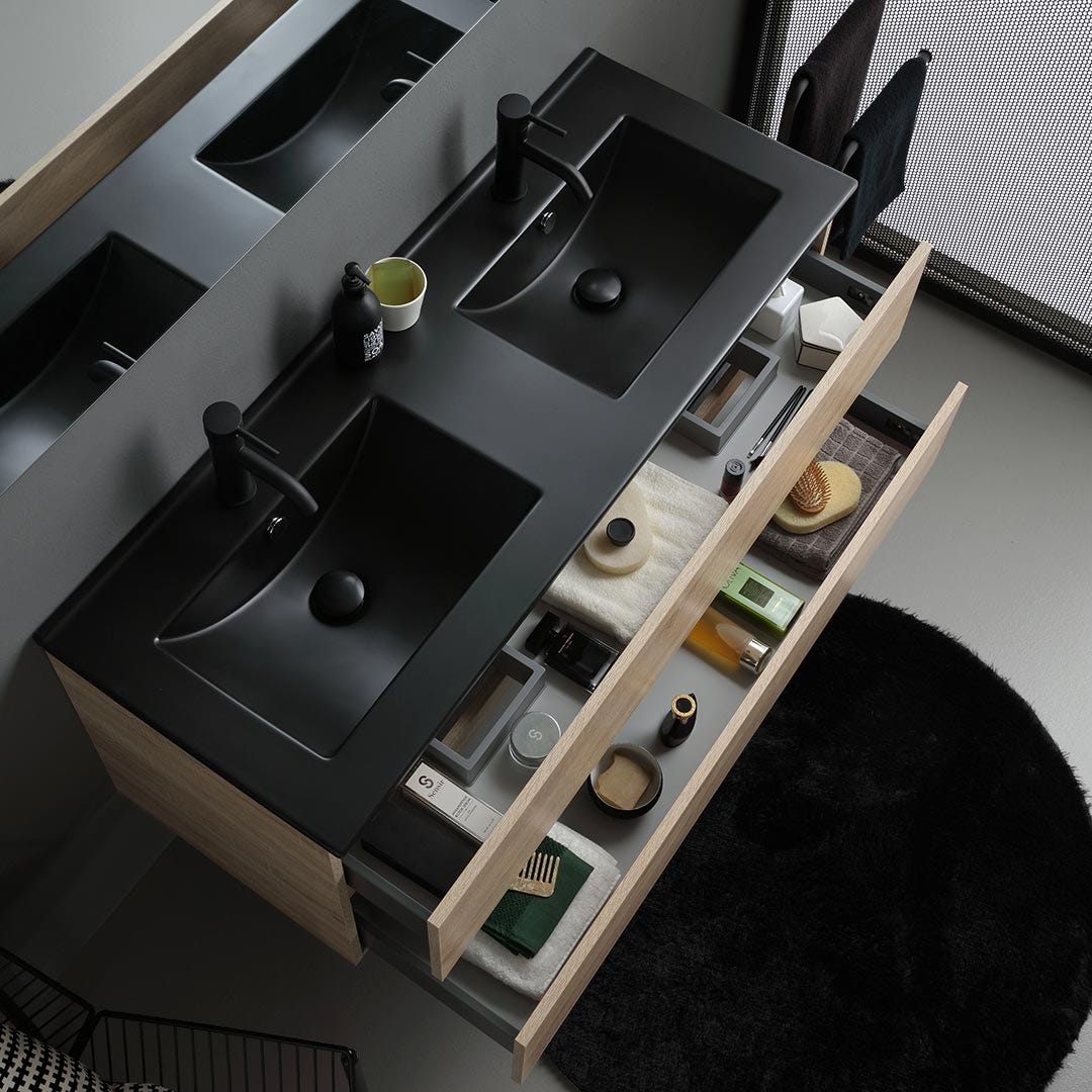 Meuble salle de bains suspendu 120cm chêne avec lavabo noir, miroir et lampe | Berlin - 4