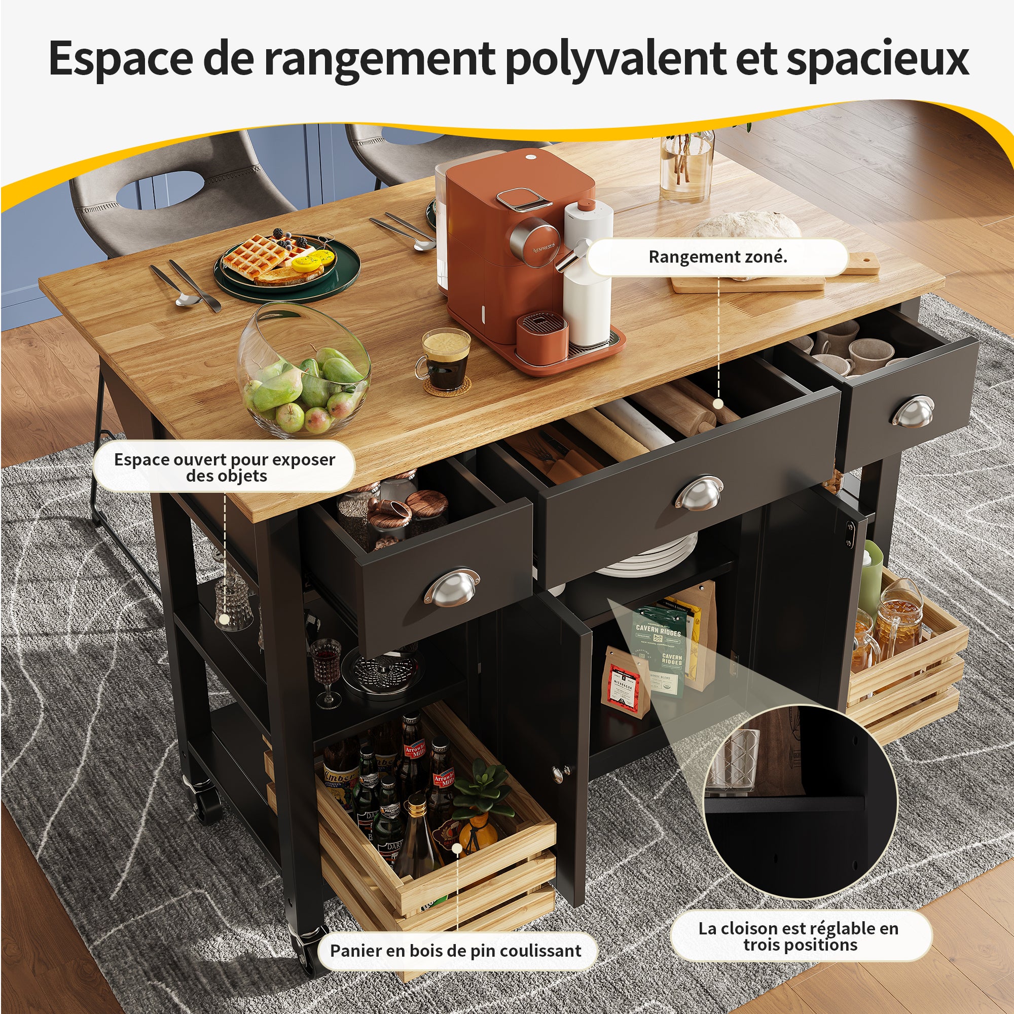 Ilot central de cuisine - chariot à roulette avec plateau extensible - 3 tiroirs et 2 portes - Noir - 5
