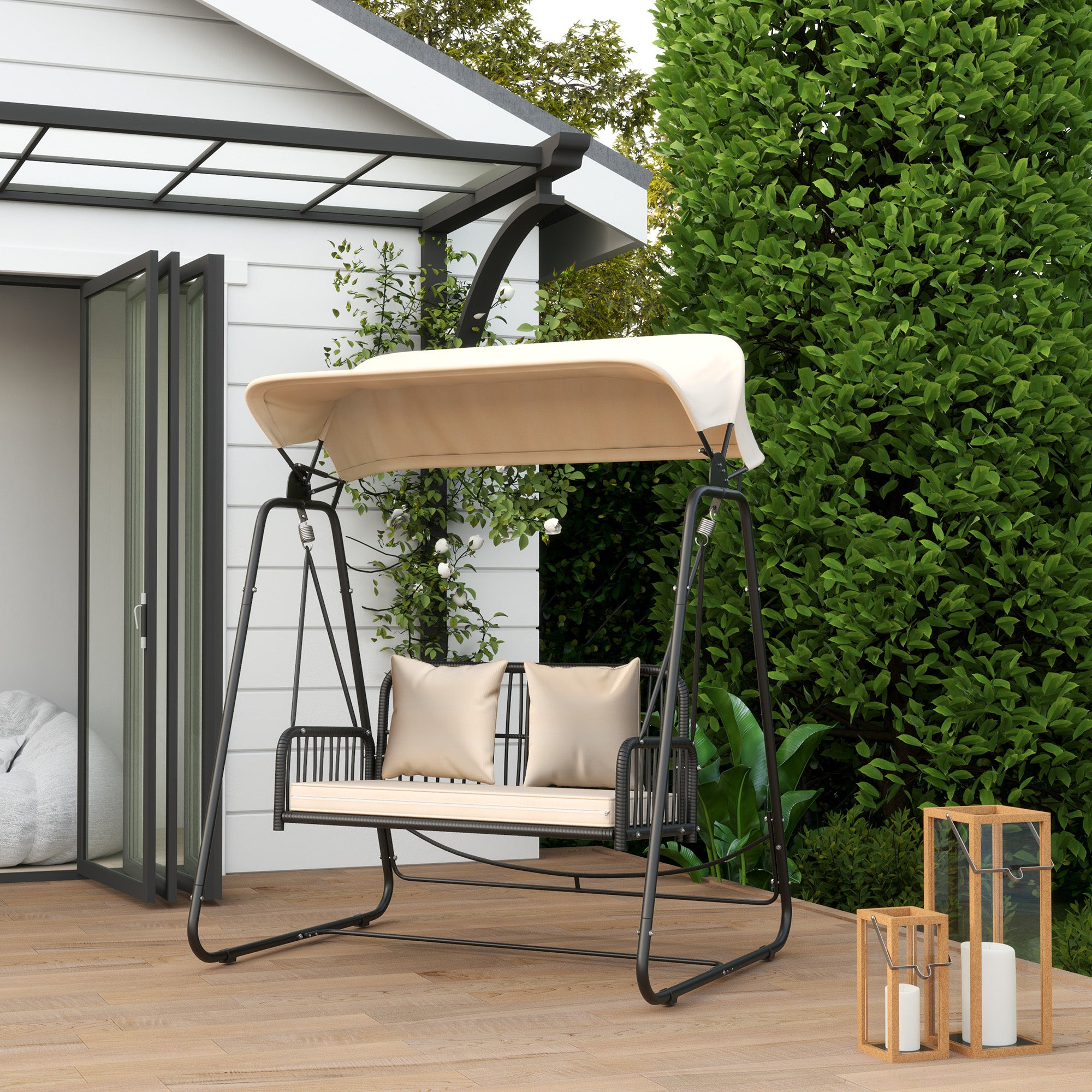 Balancelle de jardin Hollywood Swing 2 places en rotin avec auvent et coussins, jusqu'à 240 kg, 149 x 121 x 180 cm, kaki - 3
