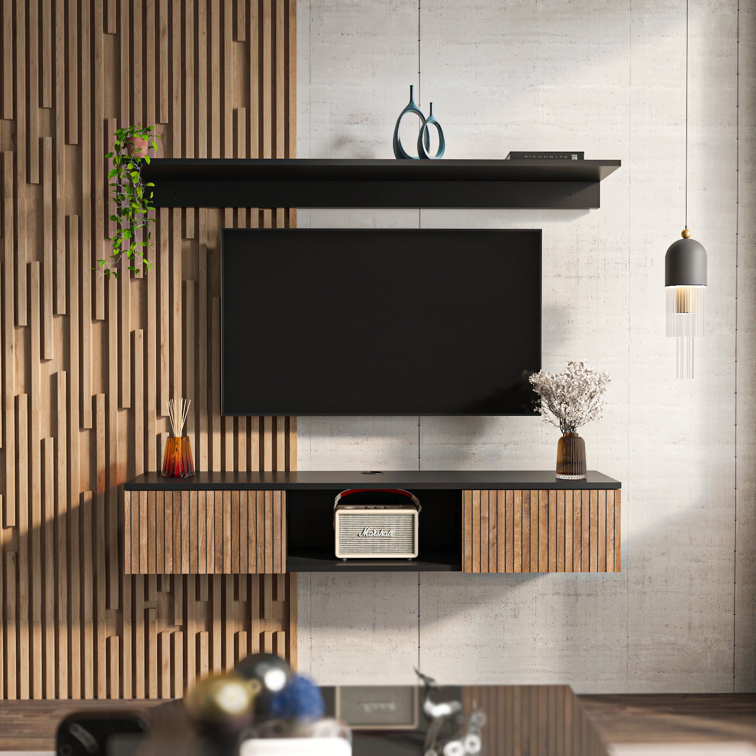 Meuble tv mural elia flottant 140 cm - armoires - passe-cable - étagère murale incluse (noir et effet alina) - 2