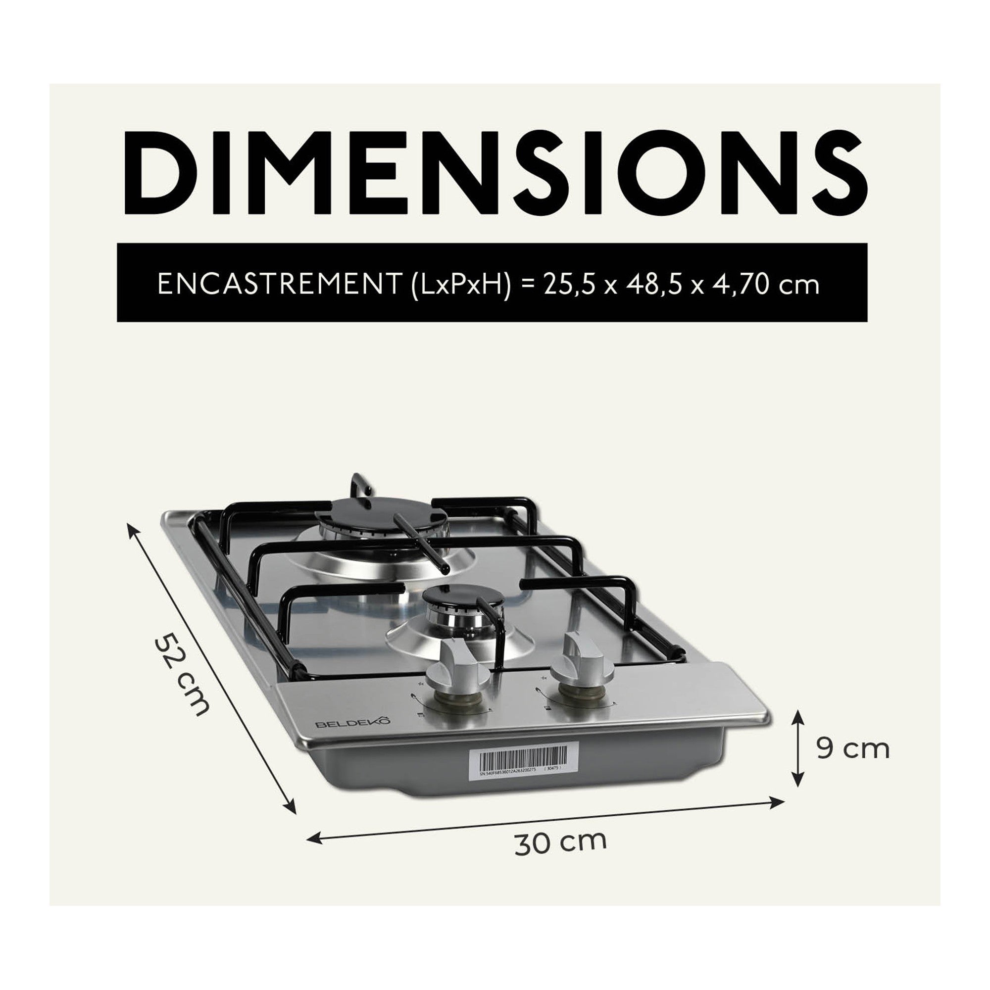 BELDEKO - Plaque Gaz 2 feux Inox - 3000W - Encastrable - Gaz ville et bouteille - 6