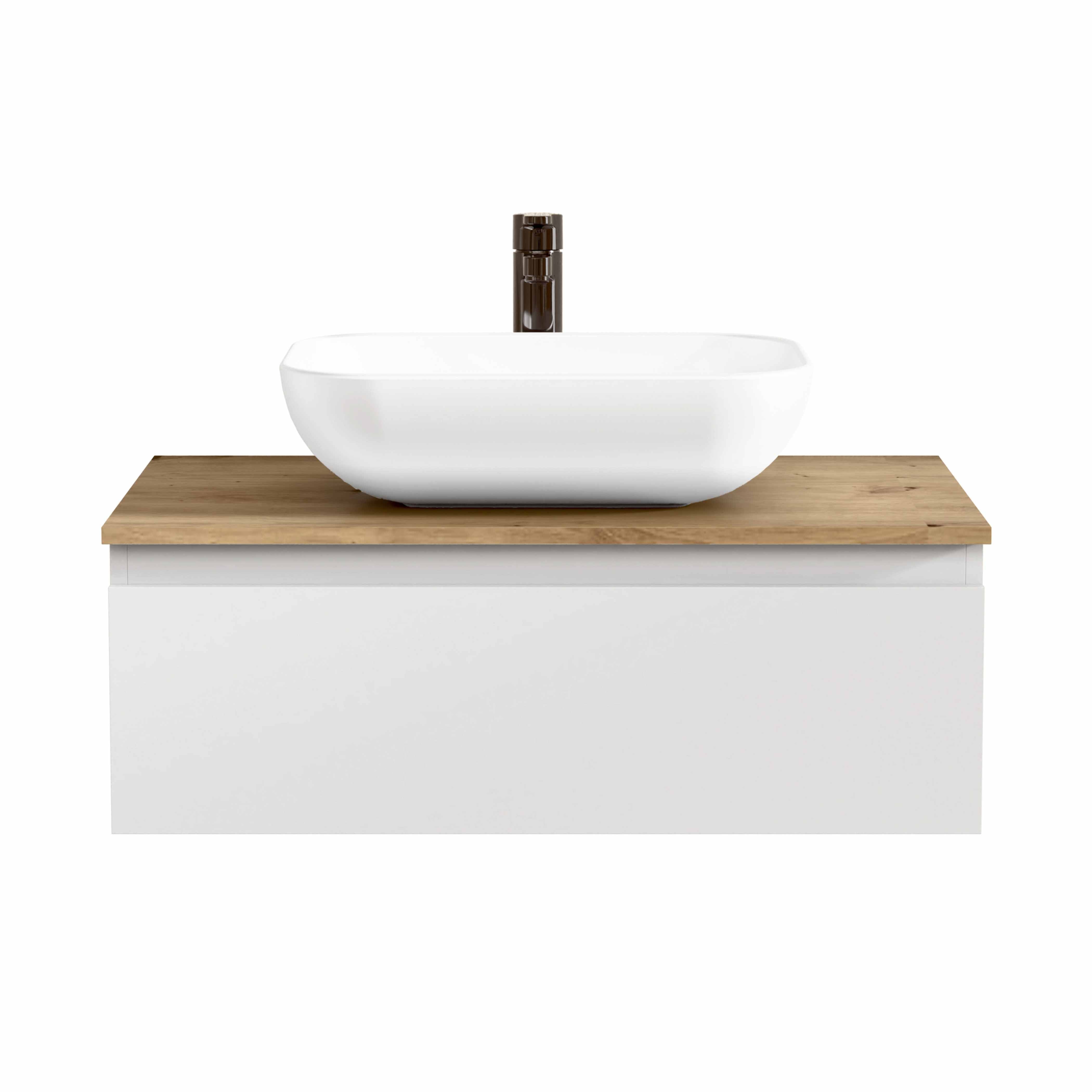 BELLOBATH - Móvel de Banheiro Suspenso com Lavatório de Cerâmica, Móvel de Banheiro com 1 Gaveta, 60 x 27 x 46 cm, Móvel Branco e Tampo Carvalho - 3