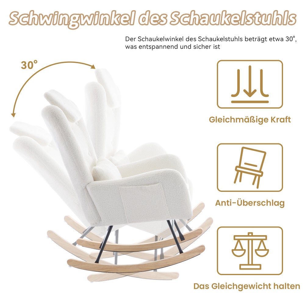 Fauteuil à bascule moderne blanc en tissu teddy avec repose-pieds, chaise de relaxation salon chambre confortable, capacité 100 kg - 6