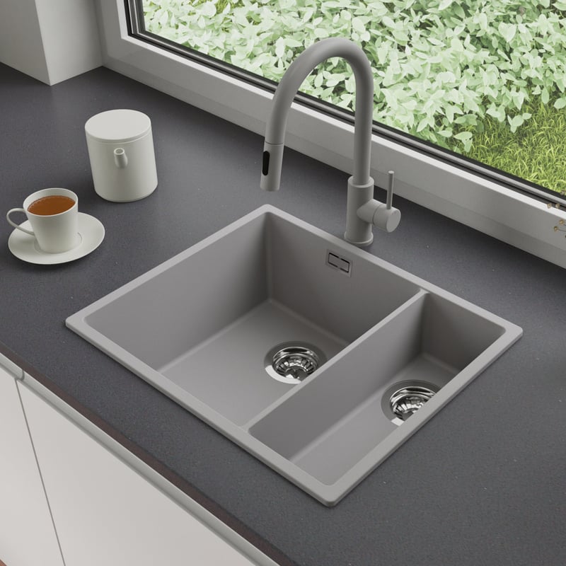 Zlewozmywak Granitowy 56x47cm, do szafki od 60cm + Bateria + Syfon - Agate Szary STONESTYLE