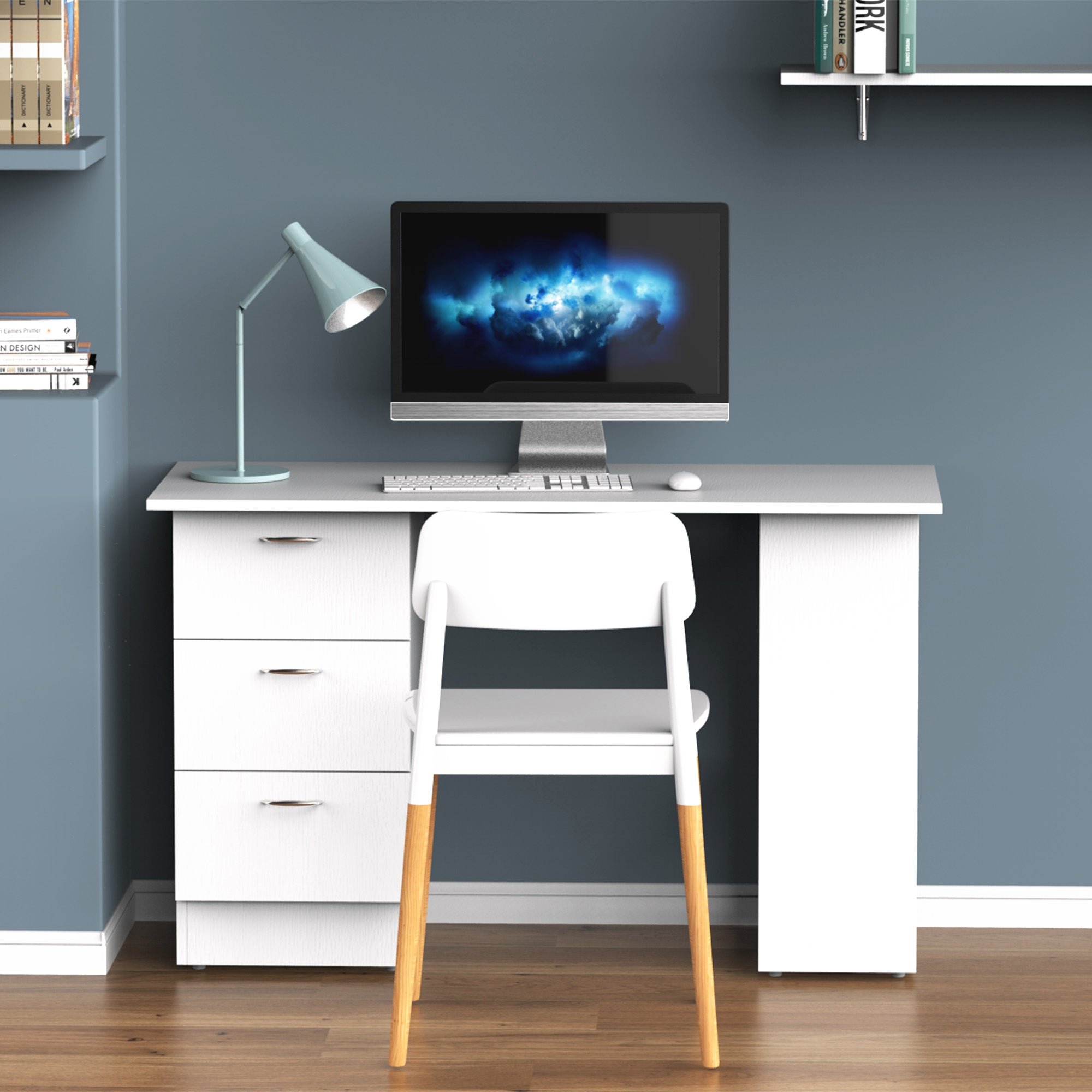 Bureau avec rangement, table informatique 120 x 50 cm, bureau d'ordinateur avec étagères et tiroirs, pour petits espaces, chambre à coucher, blanc - 9