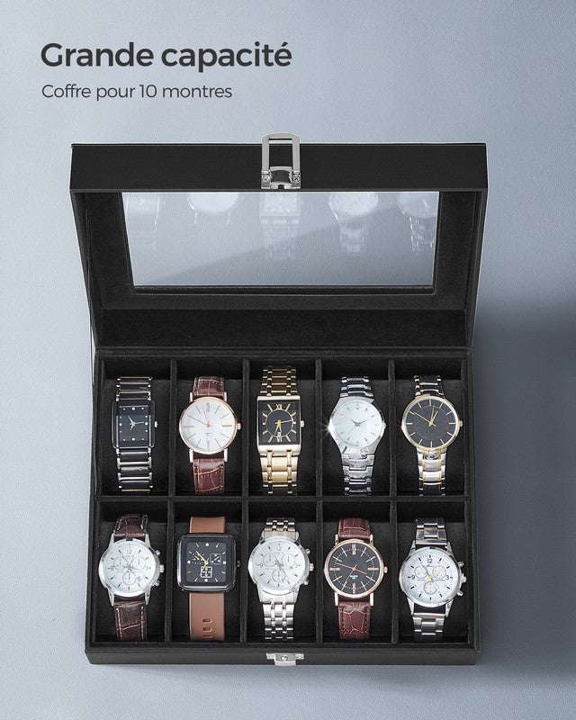 Boîte à Montres à 10 Emplacements, Écrin, Couvercle en Verre, Coussinets Amovibles, Serrure en Métal, Revêtement en Noir et Doublure en Noir - 4