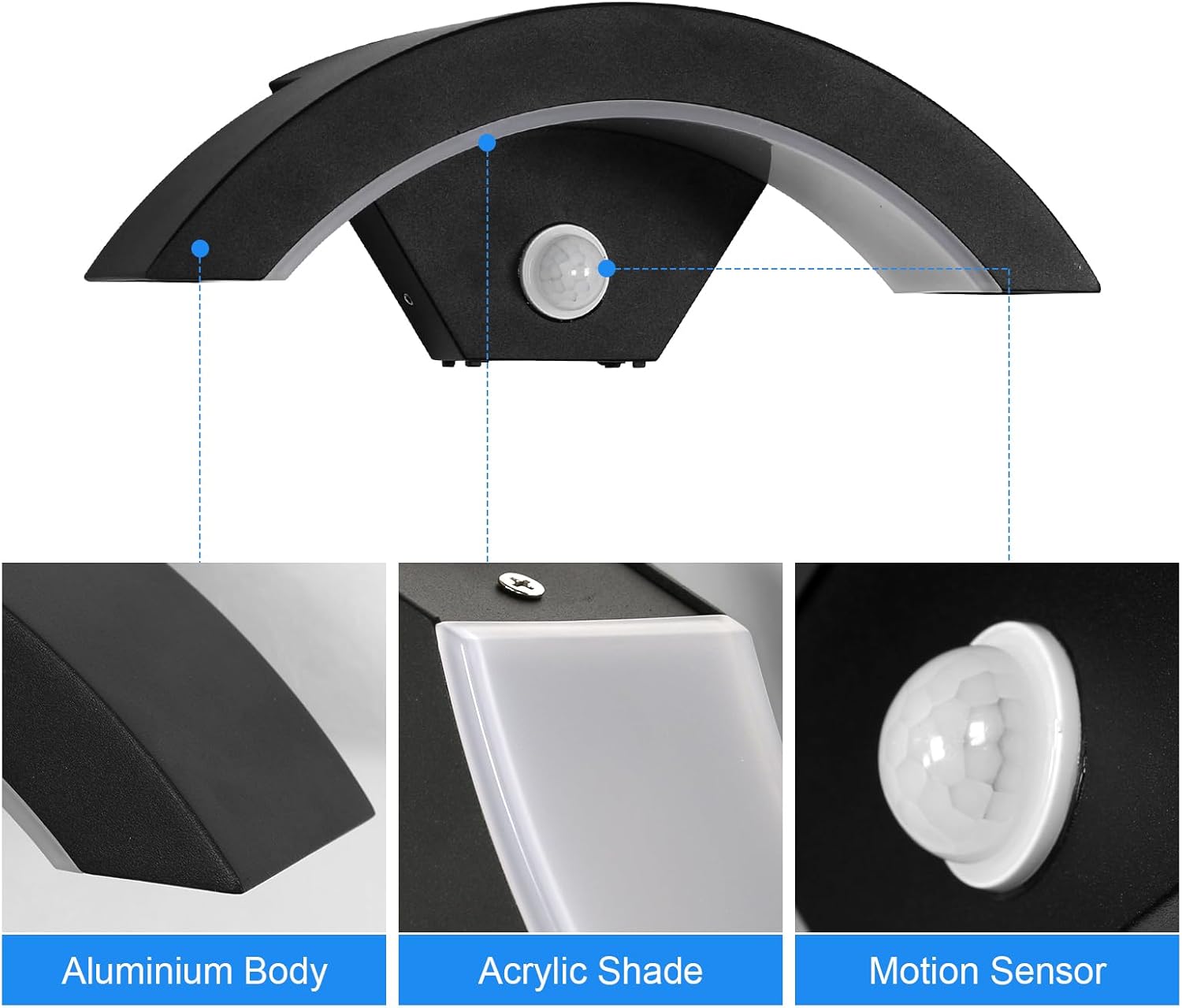 Applique da parete per esterni a forma di U con sensore di movimento - Nero, 16 W, luce bianca 6500 K, IP65 - 2