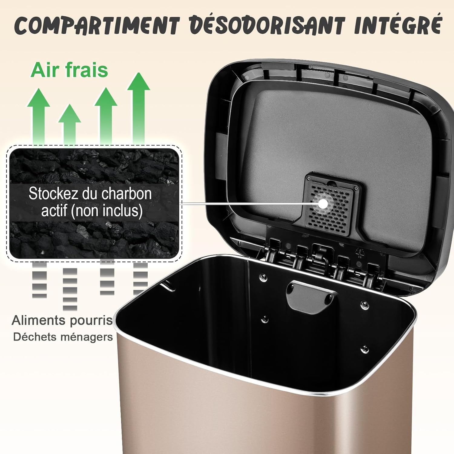 Bidone per Pattumiera da 50 L, Pattumiera da Cucina con Pedale, Coperchio e Scomparto Deodorante, Ideale per Casa Ufficio (50L, Rosa dorato) - 7