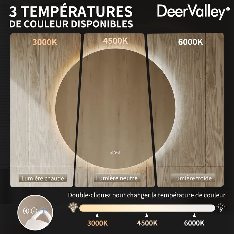 Miroir de Salle de Bain LED Rond DeerValley 80x80cm - Rétroéclairage Dimmable, Antibuée, Incassable, Bluetooth, 3 Températures - 8