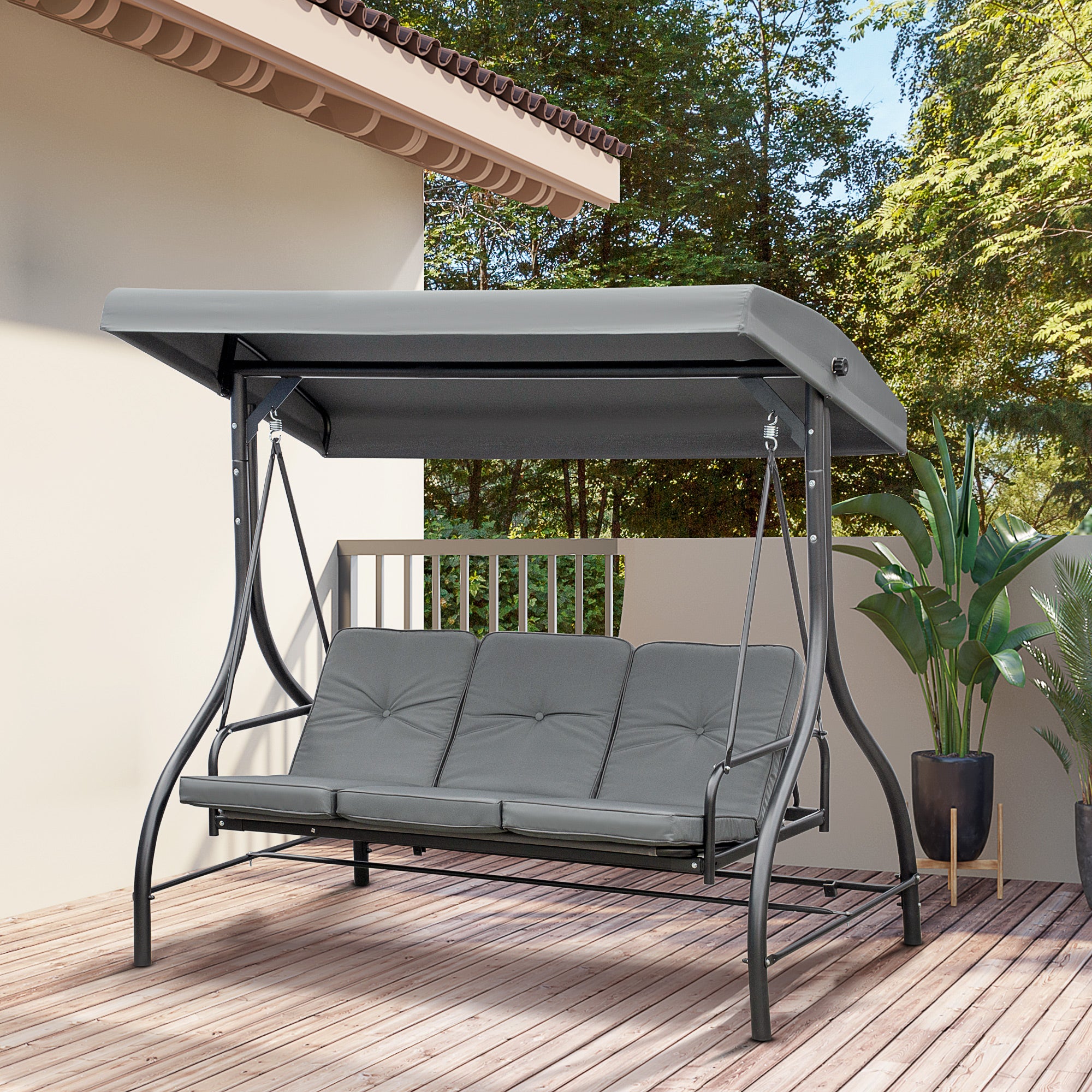 Balancelle de jardin 3 places convertible matelas fourni gris métal noir - 2