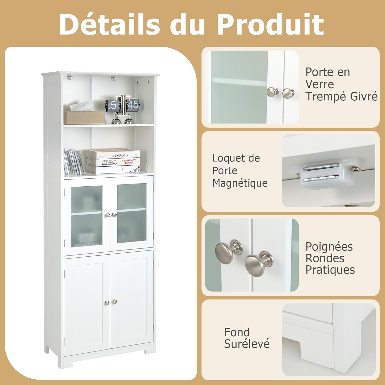 Meuble de Salle de Bain 60 x 30 x 163 cm, Rangement avec 2 Étagères Ouvertes et 2 Compartiments à Portes, Armoire Haute avec Étagères Réglables - 6