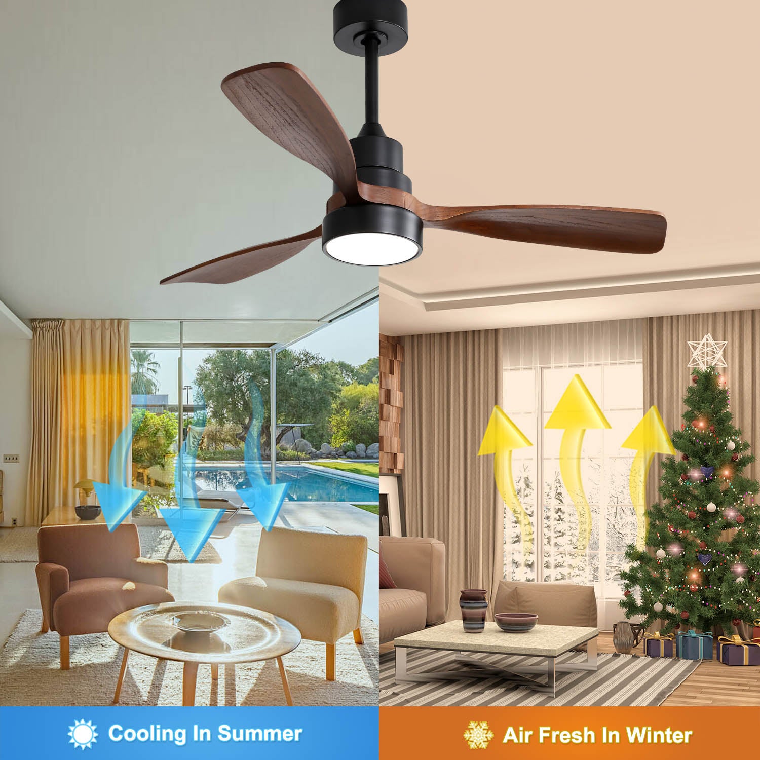 Ventilateur de Plafond Moderne 48 Pouces avec Lumière LED 18W, Pales en Bois Massif, Moteur DC Réversible à 6 Vitesses, Télécommande - 2