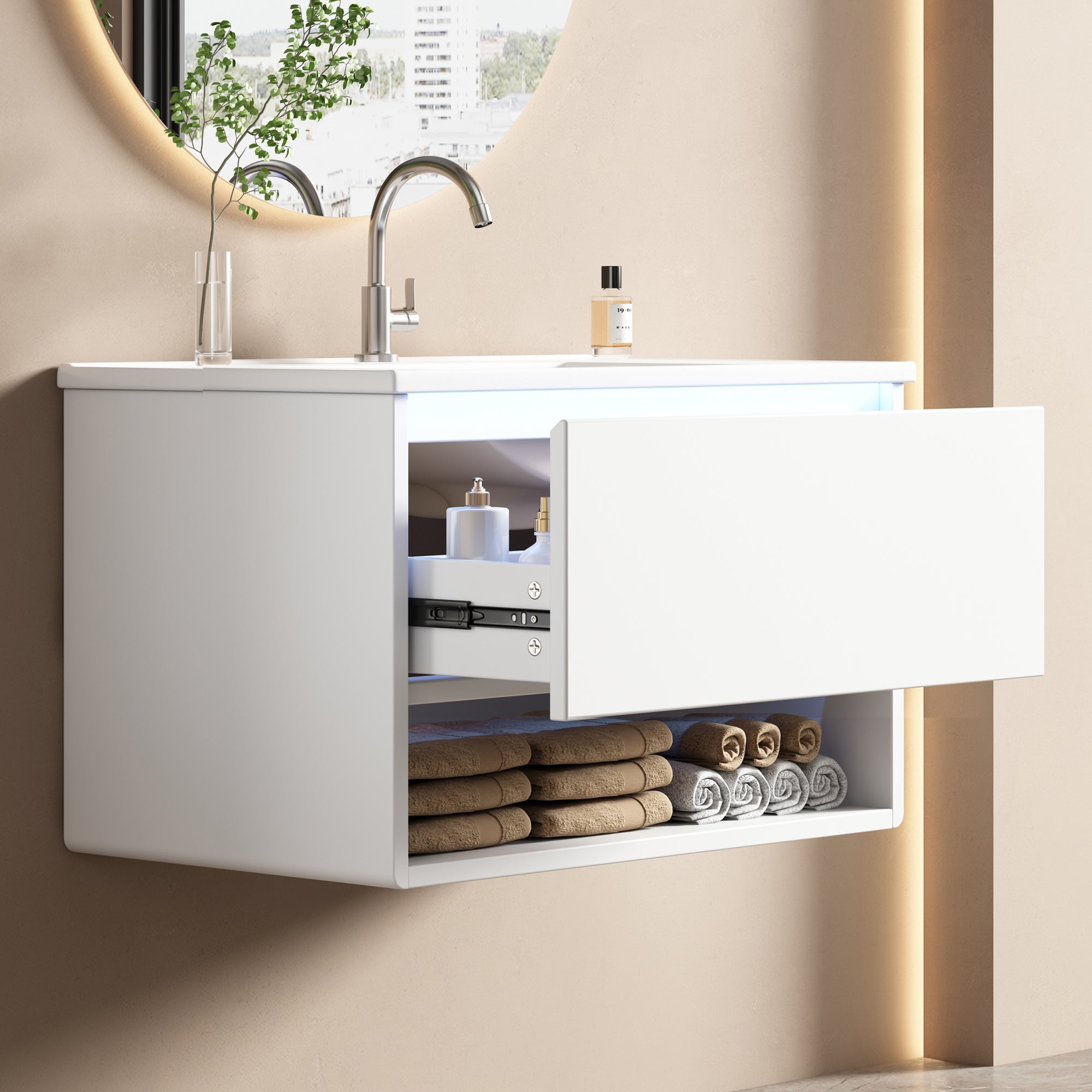 Szafka łazienkowa wisząca - pojedyncza umywalka ceramiczna, 1 szuflada i 1 przegroda - 76 x 46 x 45 cm - płyta MDF - diody LED - lakier niebieski